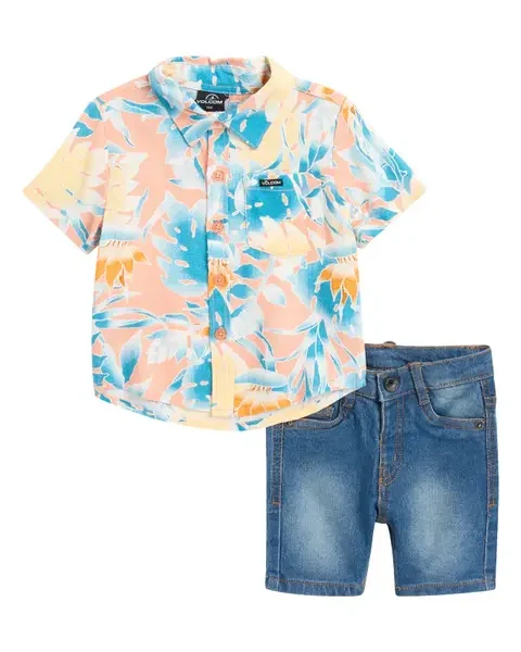 Short Sleeve Volcom Button-Up Shirt & Denim Shorts Set