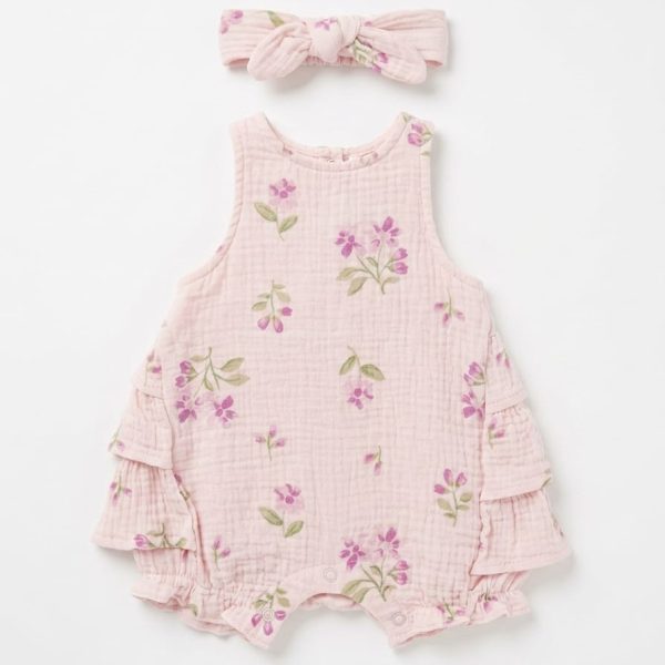 Pink Floral Baby Romper & Matching Headband