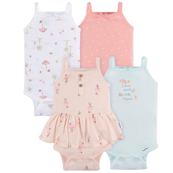 Gerber Baby Girls' 4-Pack Pink Flamingo Sleeveless Onesies Bodysuits