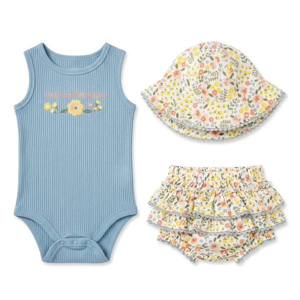 Blue Ribbed Sleeveless Baby Bodysuit, Sunhat & Bloomers