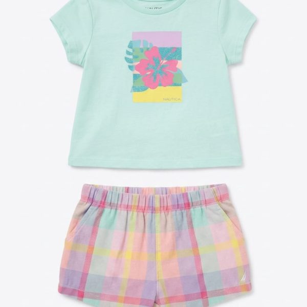 Nautica 2-Piece Girls T-Shirt and Plaid Shorts Set